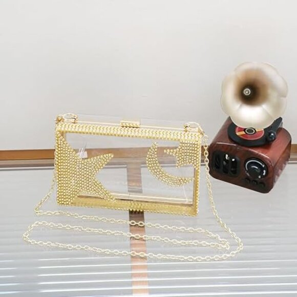 Neiman Marcus Gold  Acrylic Moon and Star Rhinestone Chain Bag - Picture 1 of 5